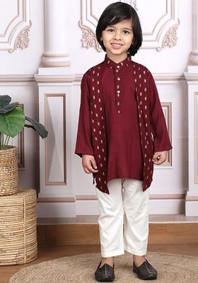 Maroon Printed Cotton Kurta Set For Boys