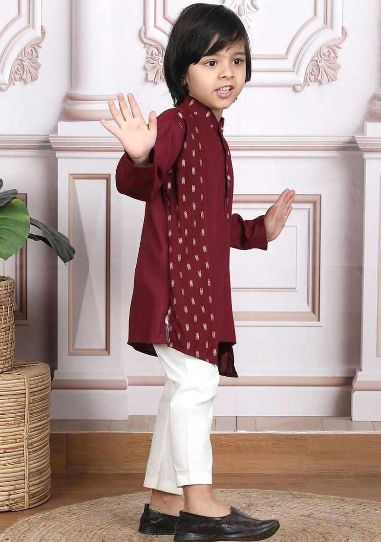 Maroon Printed Cotton Kurta Set For Boys - Indya