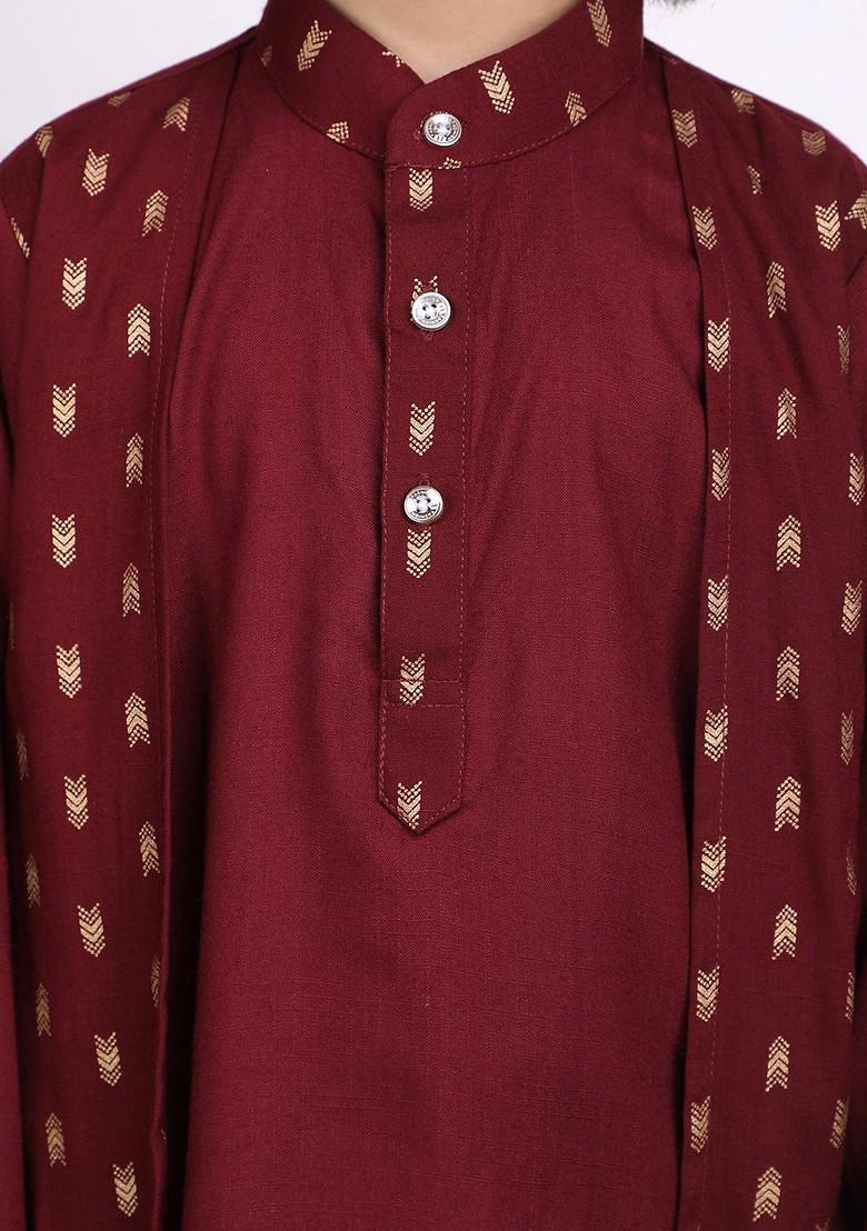 Maroon Printed Cotton Kurta Set For Boys - Indya