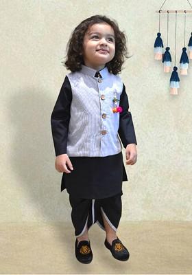 Black Embroidered Cotton Kurta Dhoti Set Wiith Jacket For Boys