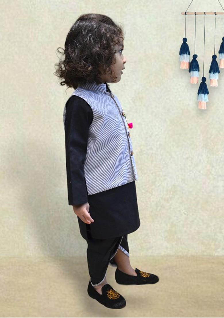Black Embroidered Cotton Kurta Dhoti Set Wiith Jacket For Boys - Indya