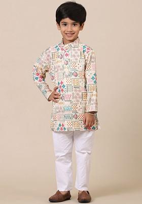 Cream Embroidered Cotton Kurta Set For Boys