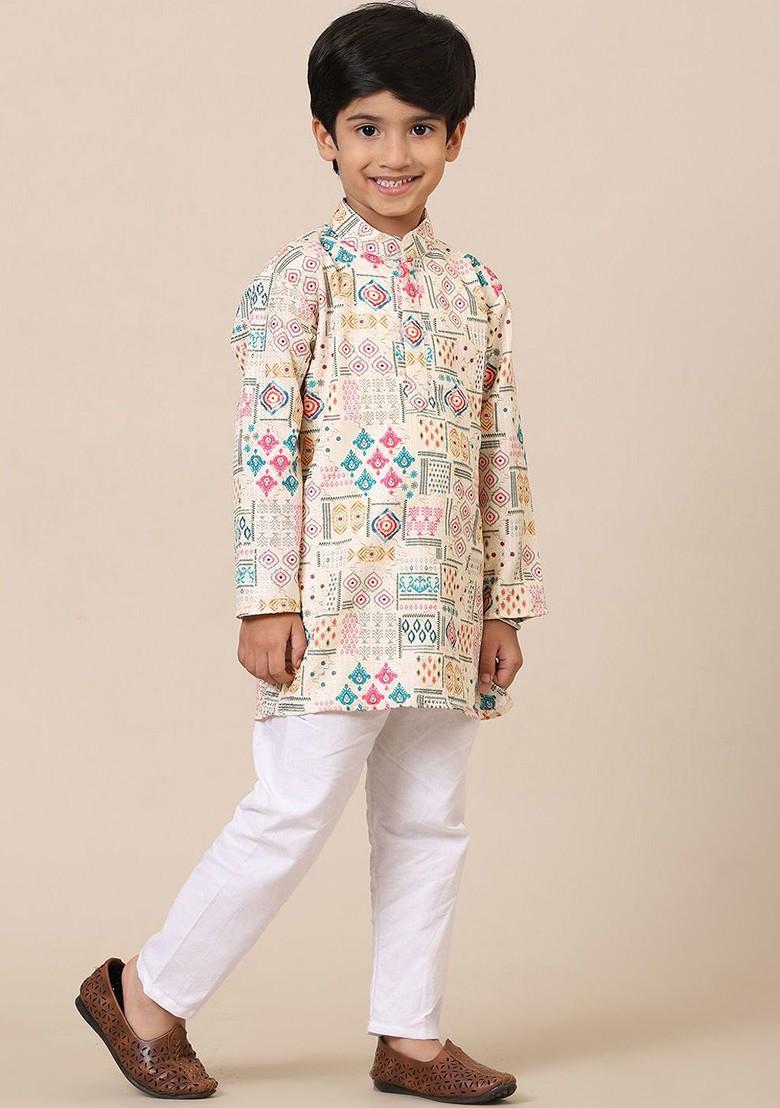 Cream Embroidered Cotton Kurta Set For Boys - Indya