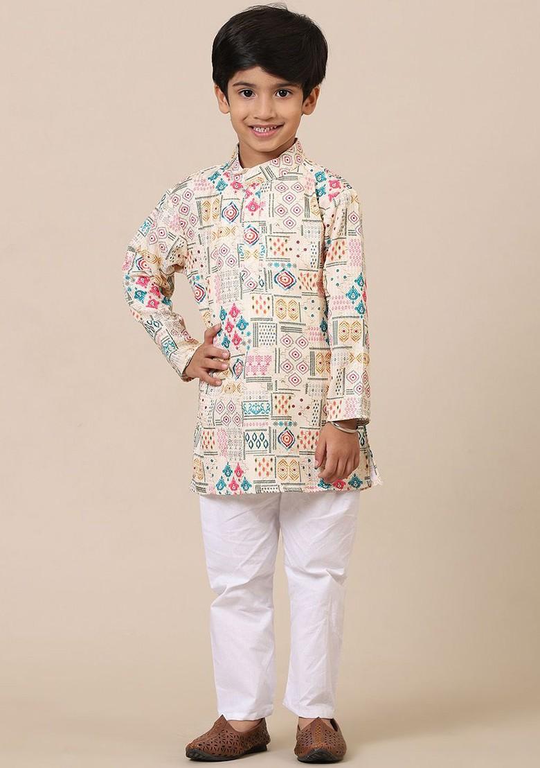 Cream Embroidered Cotton Kurta Set For Boys - Indya