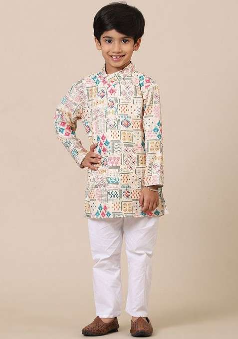 Cream Embroidered Cotton Kurta Set For Boys