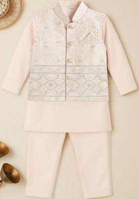 Pink Woven Design Blended Nehru Jacket Set For Boys