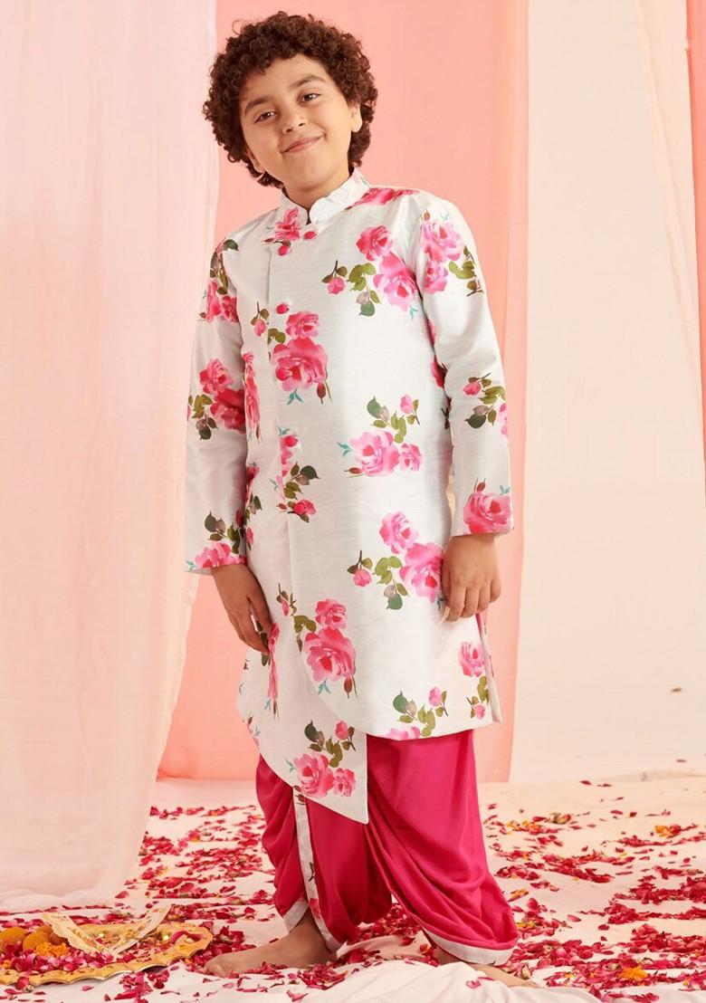 White Printed Blended Kurta Dhoti Set For Boys - Indya