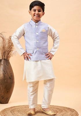 Cream Embroidered Blended Nehru Jacket Set For Boys