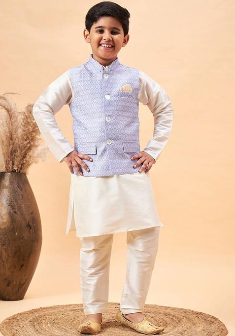 Cream Embroidered Blended Nehru Jacket Set For Boys