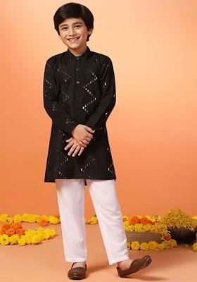 Black Embroidered Blended Kurta Set For Boys