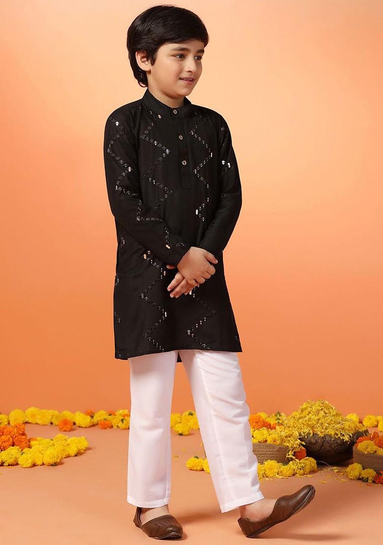 Black Embroidered Blended Kurta Set For Boys - Indya