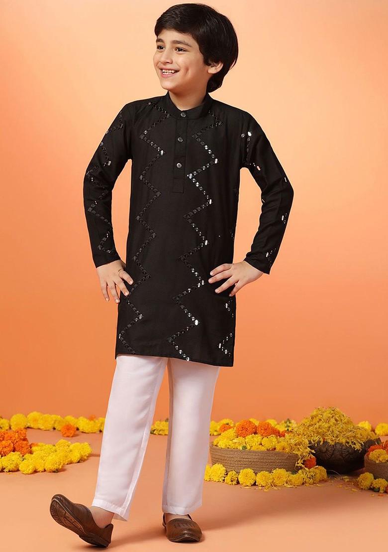 Black Embroidered Blended Kurta Set For Boys - Indya