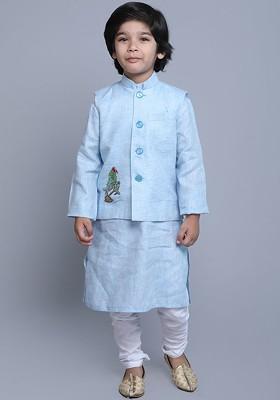 Blue Embroidered Blended Nehru Jacket Set For Boys