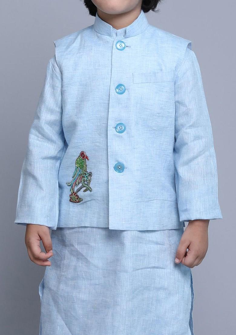 Blue Embroidered Blended Nehru Jacket Set For Boys - Indya