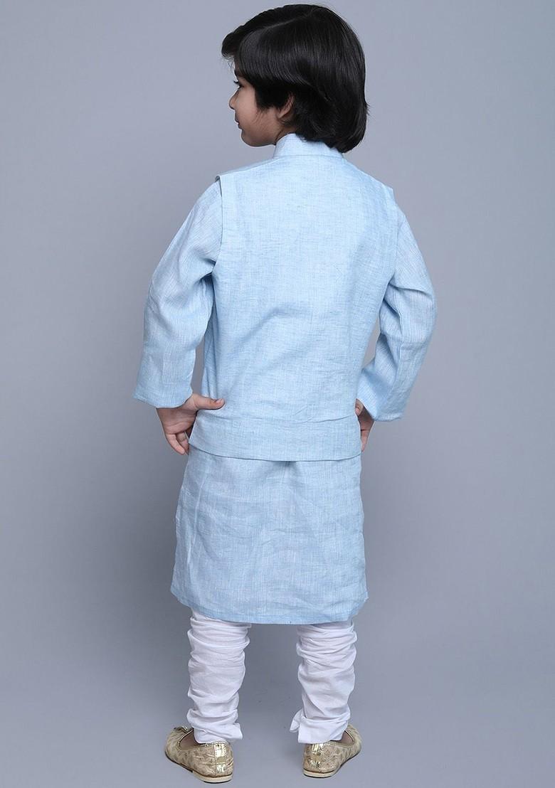 Blue Embroidered Blended Nehru Jacket Set For Boys - Indya