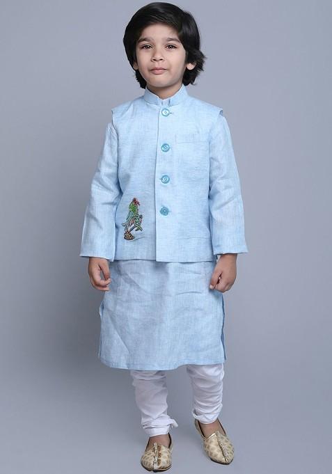 Blue Embroidered Blended Nehru Jacket Set For Boys
