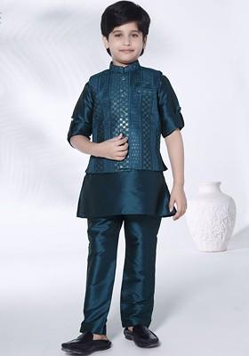 Blue Embroidered Blended Kurta Set For Boys