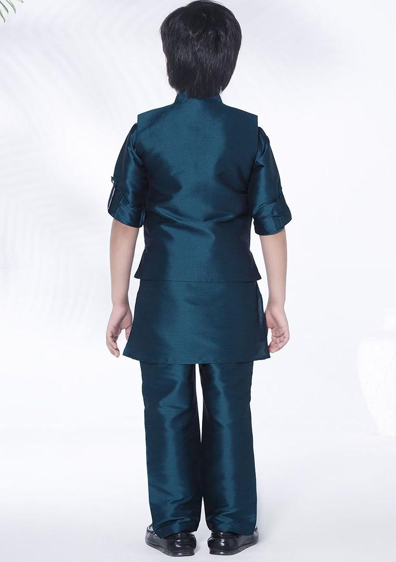 Blue Embroidered Blended Kurta Set For Boys - Indya