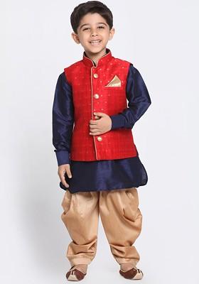 Navy Blue Solid Blended Kurta Dhoti Set For Boys