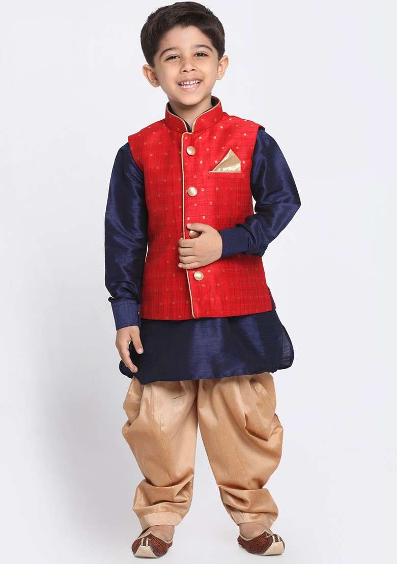 Navy Blue Solid Blended Kurta Dhoti Set For Boys - Indya