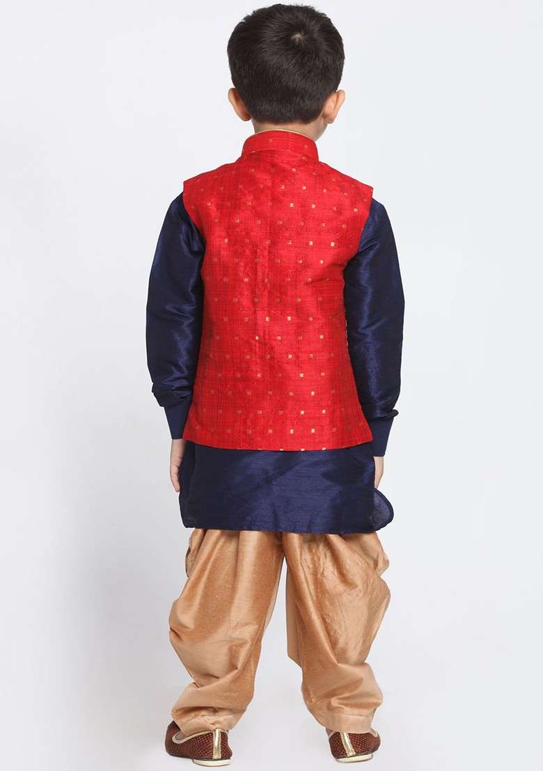 Navy Blue Solid Blended Kurta Dhoti Set For Boys - Indya