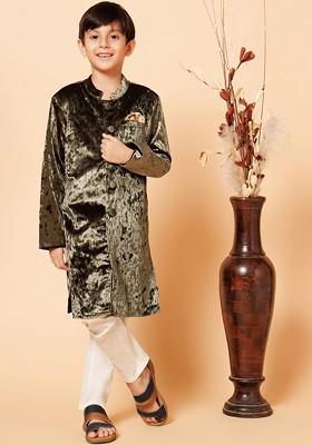 Green Embroidered Blended Kurta Set For Boys