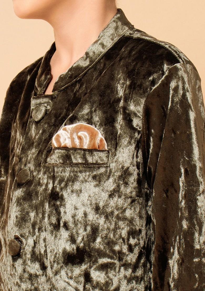 Green Embroidered Blended Kurta Set For Boys - Indya