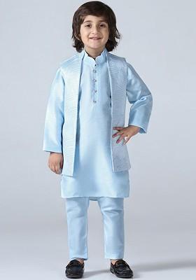 Blue Embroidered Silk Kurta Set For Boys