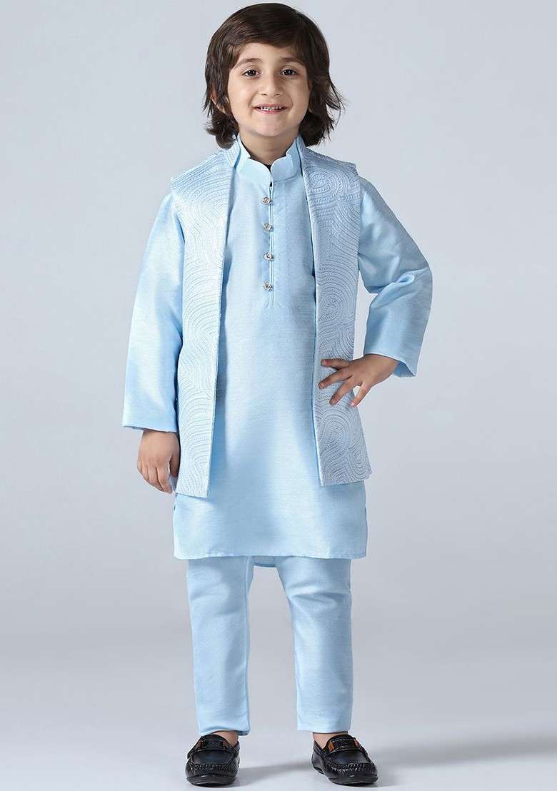 Blue Embroidered Silk Kurta Set For Boys - Indya