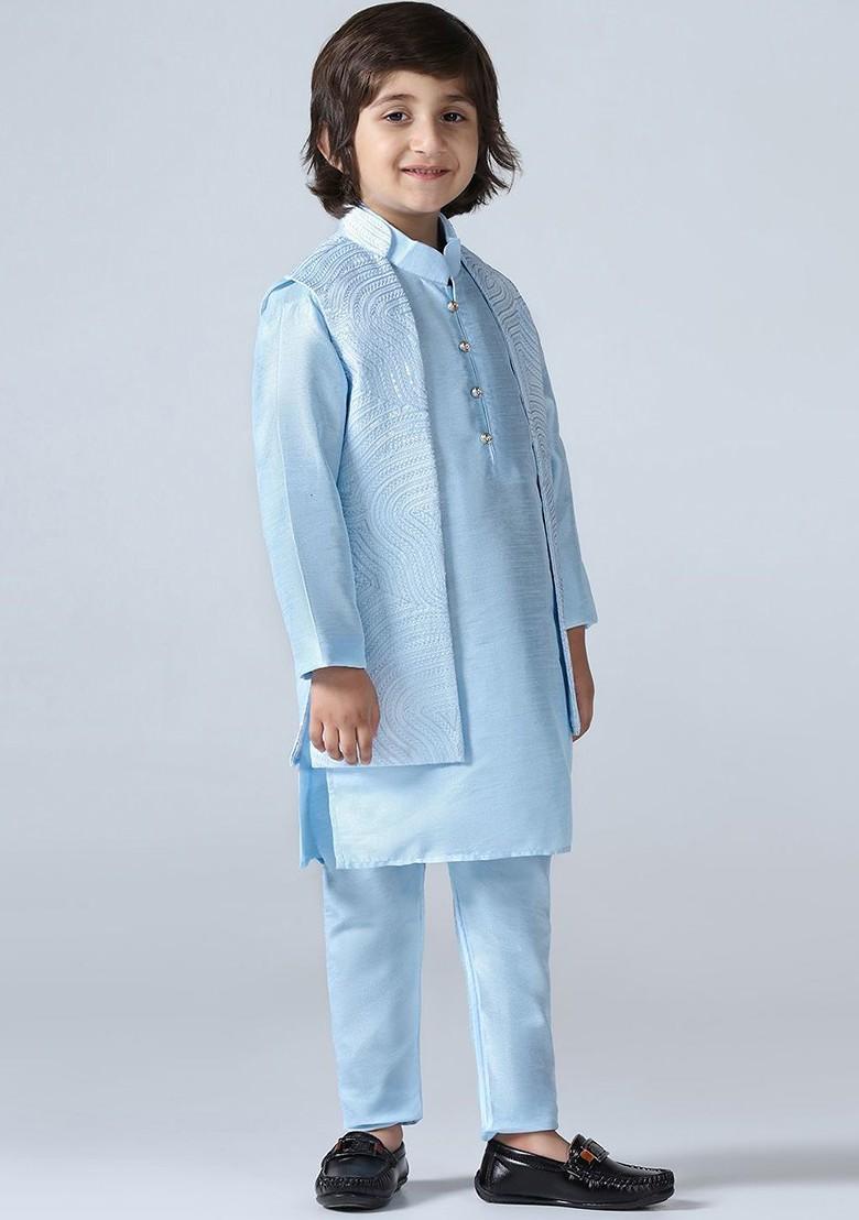 Blue Embroidered Silk Kurta Set For Boys - Indya
