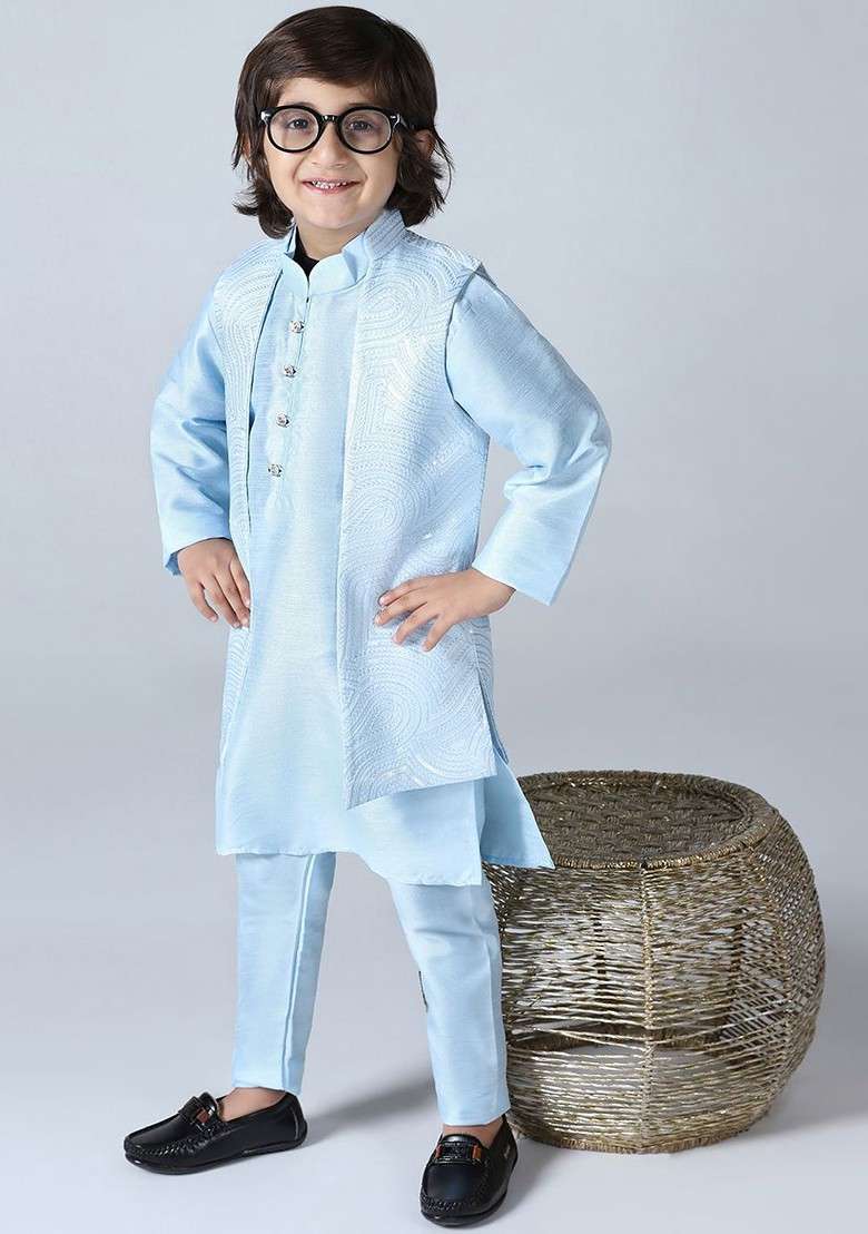 Blue Embroidered Silk Kurta Set For Boys - Indya