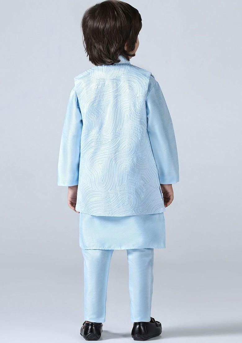 Blue Embroidered Silk Kurta Set For Boys - Indya