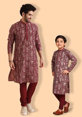 Maroon Printed Blended Kurta Set For Boys