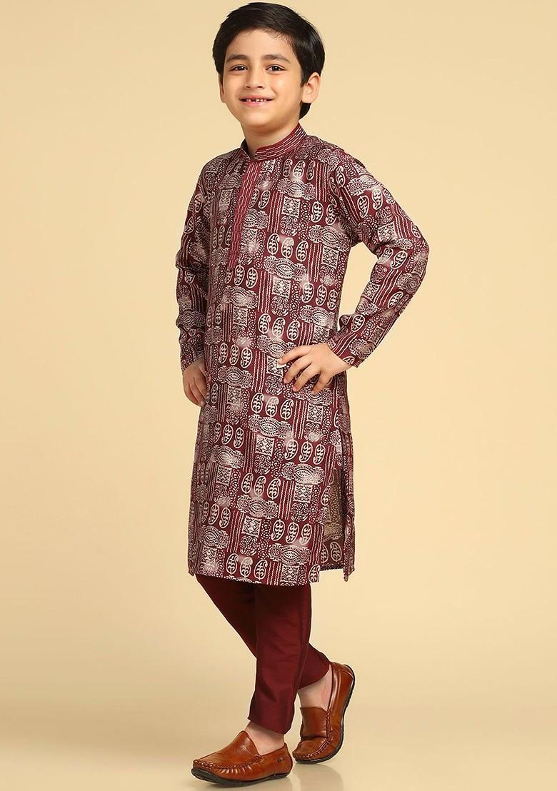 Maroon Printed Blended Kurta Set For Boys - Indya