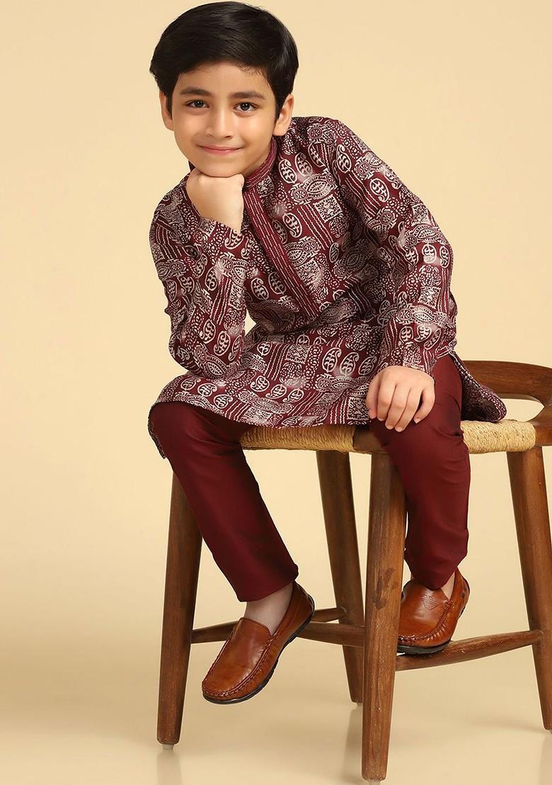 Maroon Printed Blended Kurta Set For Boys - Indya