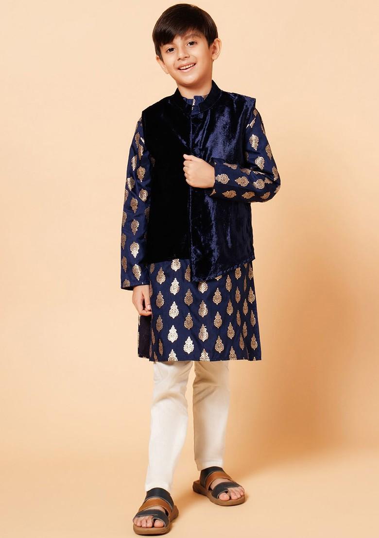 Navy Blue Woven Design Blended Kurta Set For Boys - Indya