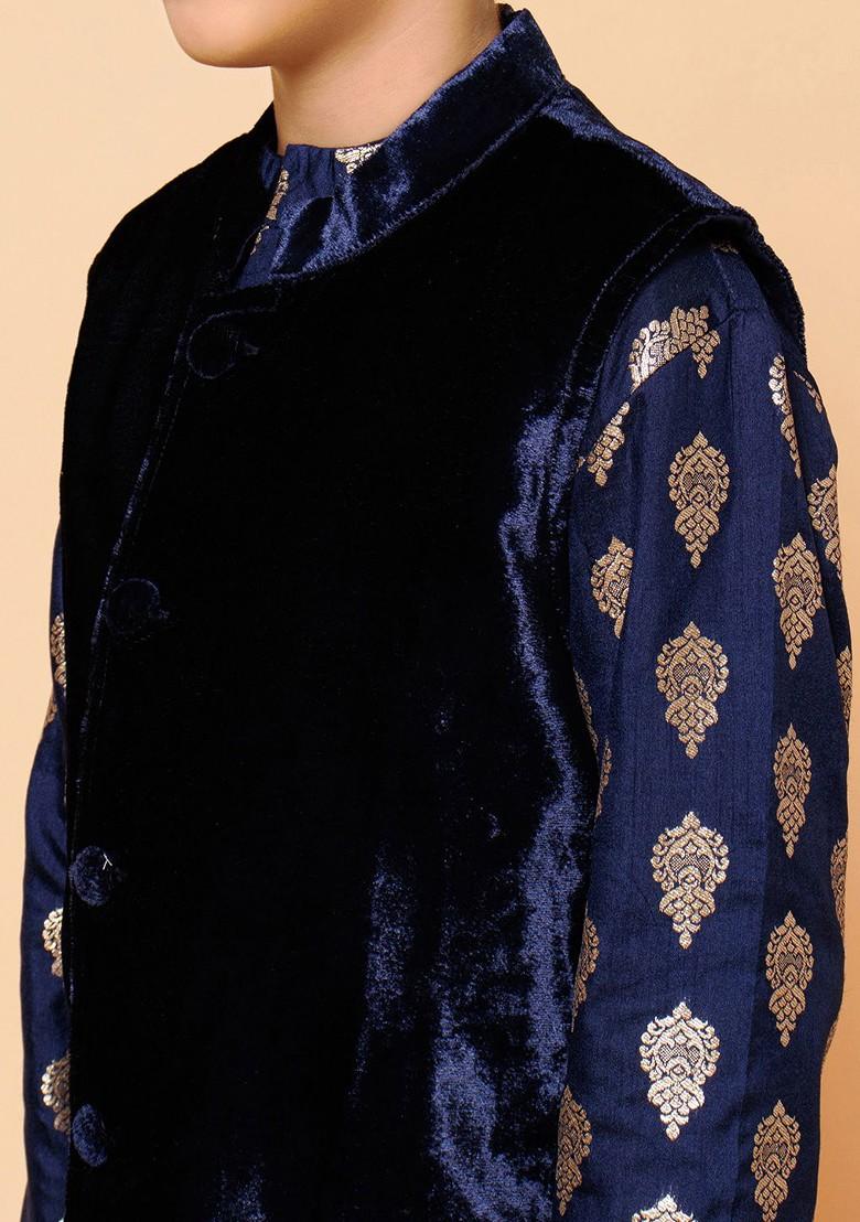 Navy Blue Woven Design Blended Kurta Set For Boys - Indya