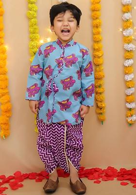 Blue Printed Cotton Kurta Dhoti Set For Boys