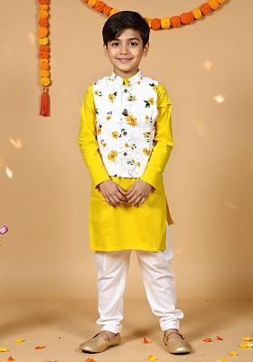 Yellow Printed Cotton Nehru Jacket Set For Boys