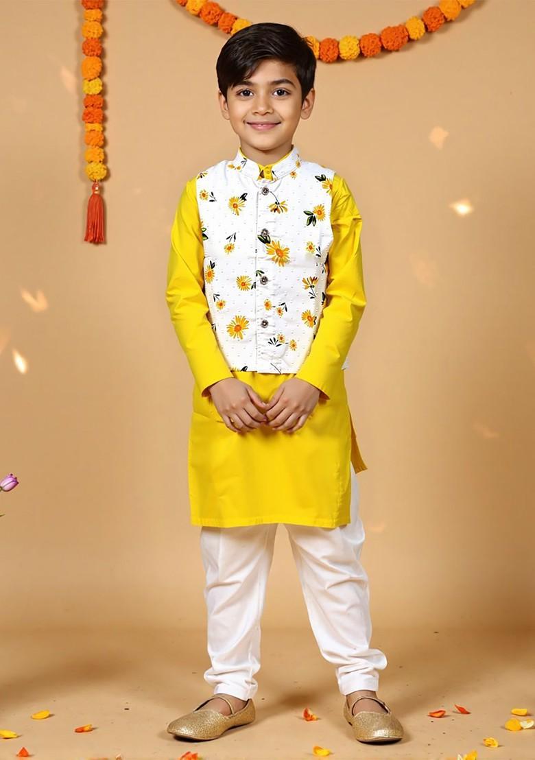 Yellow Printed Cotton Nehru Jacket Set For Boys - Indya