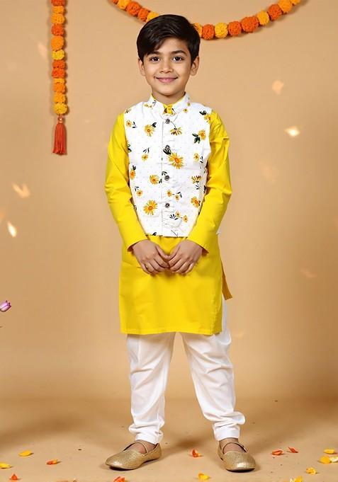 Yellow Printed Cotton Nehru Jacket Set For Boys