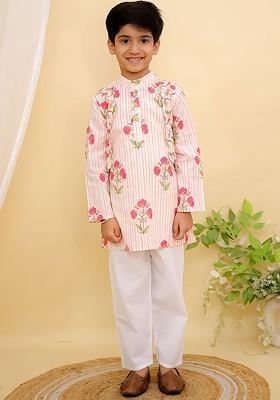 Pink Printed Cotton Kurta Set For Boys