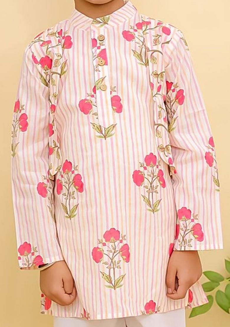 Pink Printed Cotton Kurta Set For Boys - Indya