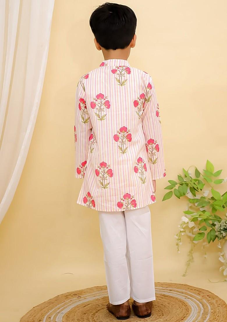 Pink Printed Cotton Kurta Set For Boys - Indya