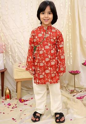 Maroon Printed Cotton Kurta Set For Boys