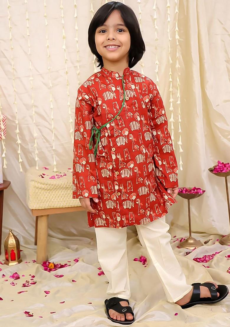 Maroon Printed Cotton Kurta Set For Boys - Indya
