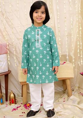 Green Printed Cotton Kurta Set For Boys