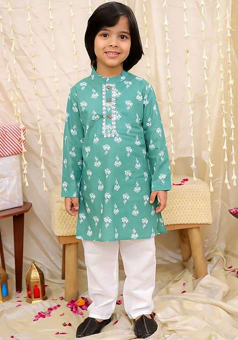 Green Printed Cotton Kurta Set For Boys