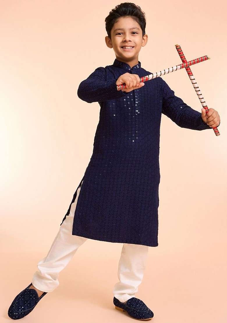 Navy Blue Embroidered Blended Kurta Set For Boys - Indya