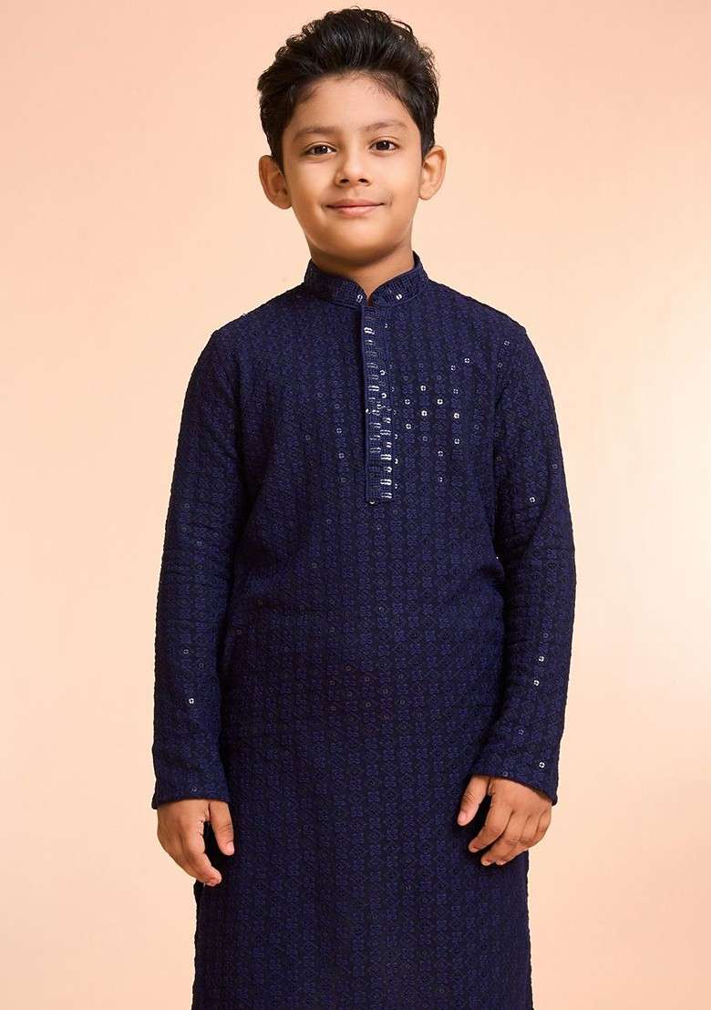 Navy Blue Embroidered Blended Kurta Set For Boys - Indya